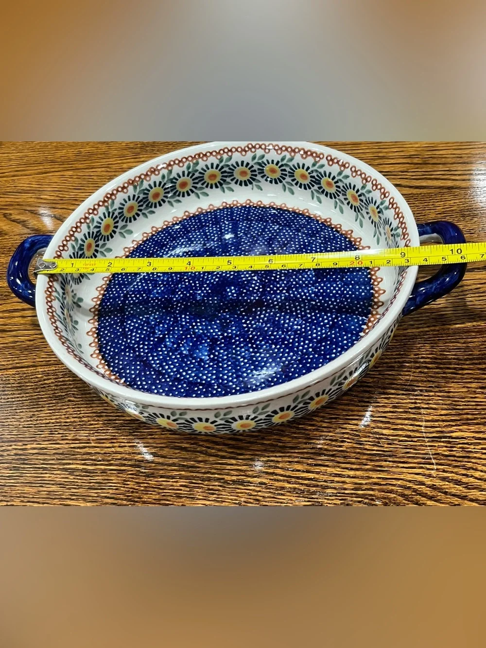 Vintage Polish Pottery Handled Baking Dish / Pie Plate – Floral Blue & White